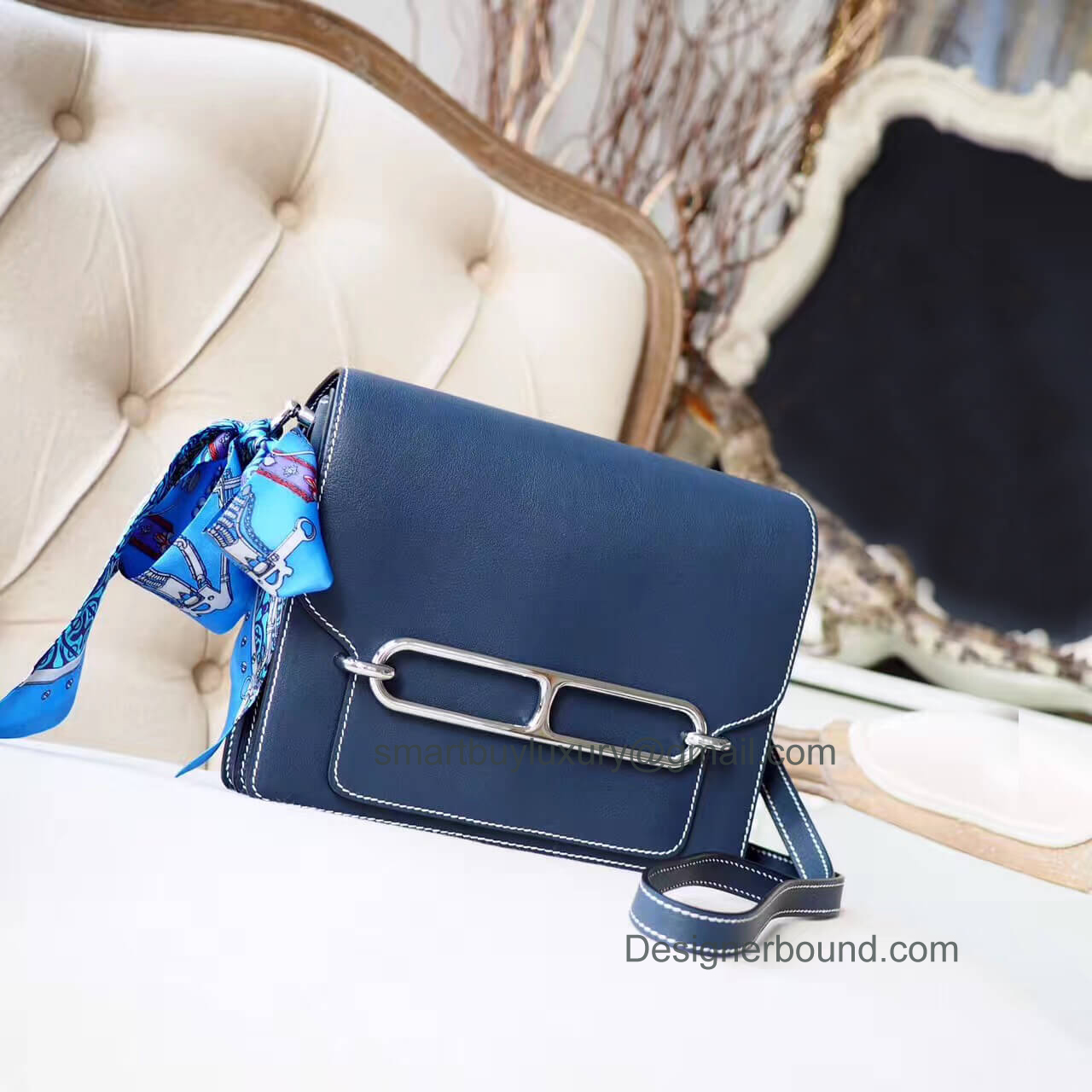 Hermes Roulis 23 Bag White Stitching in 2z Blue Nuit Evercolor PHW